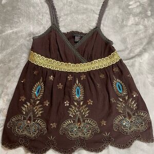 🤎✨ Vintage Y2K Style Silkland Brown Embroidered Babydoll Tank Sz 12 NWOT